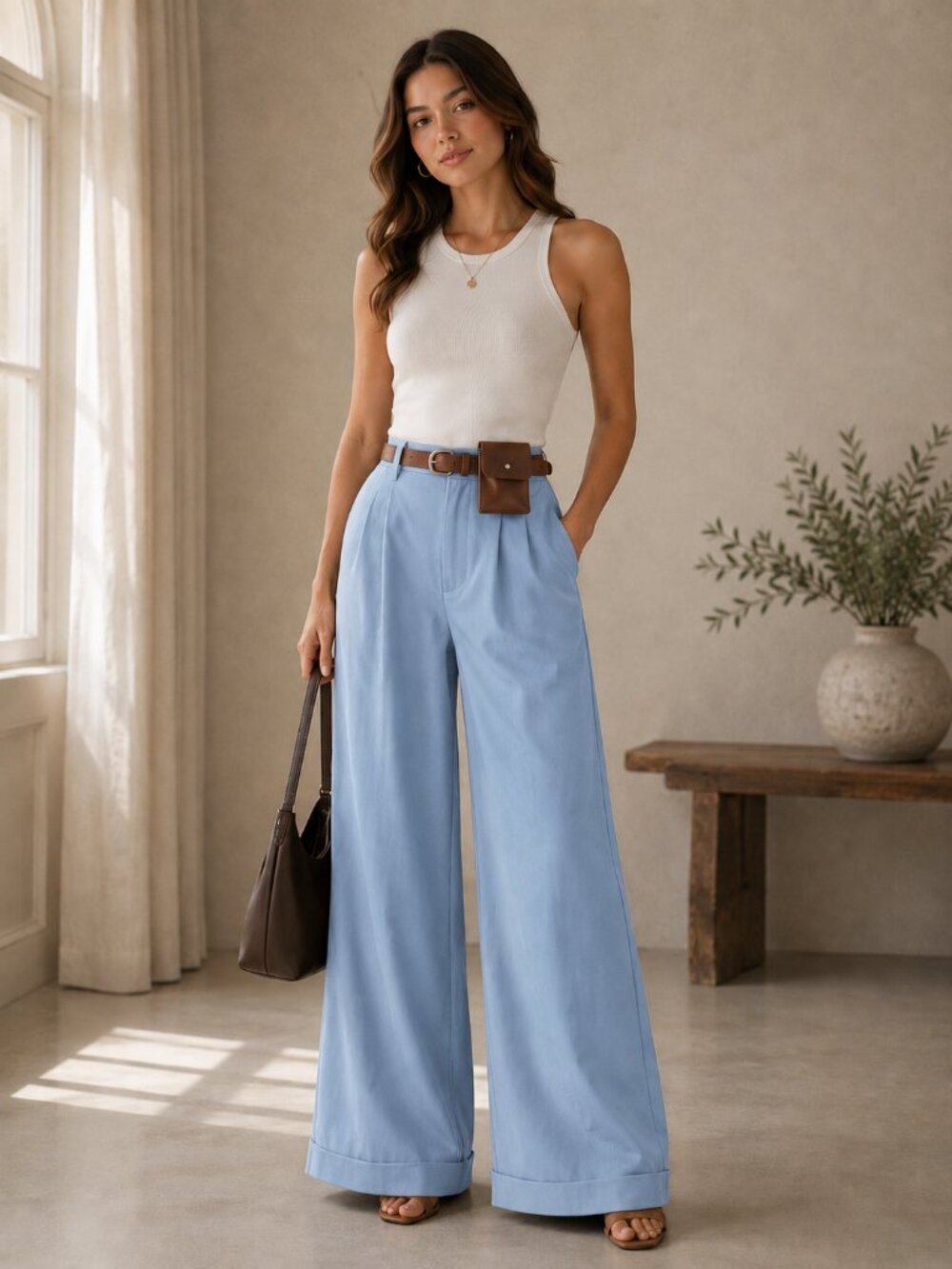 The Capsule Pleat Pants with Pouch Belt in Light Blue